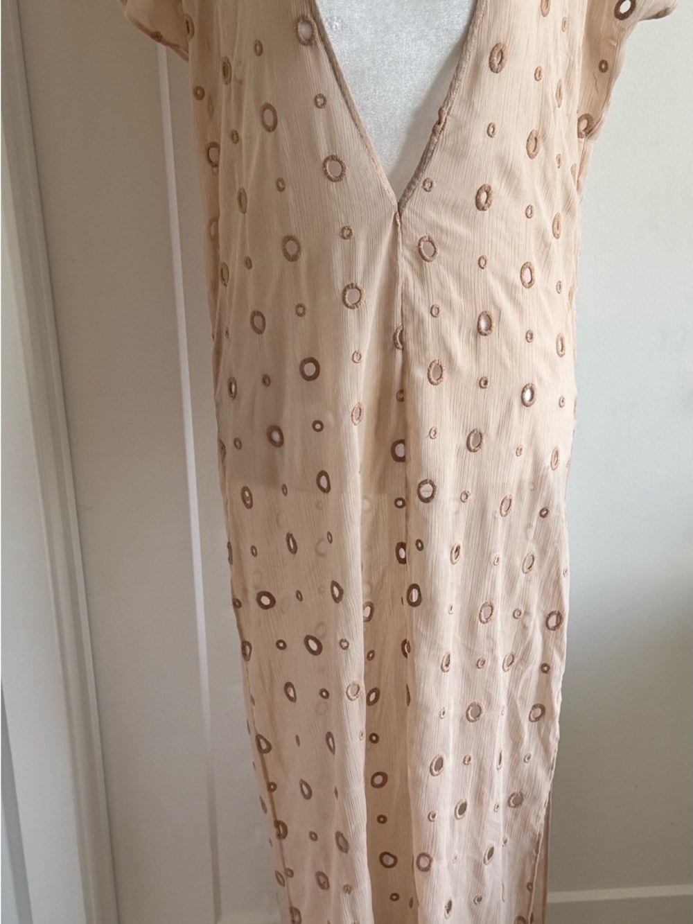 Light Beige V-Neck Maxi Dress with Dot Embroidery